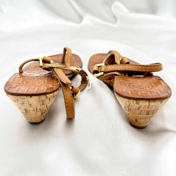 Tory Burch Pauline Tan Leather Demi Wedge Slingback Thong Size 6 M Sandals - Picture 3 of 15